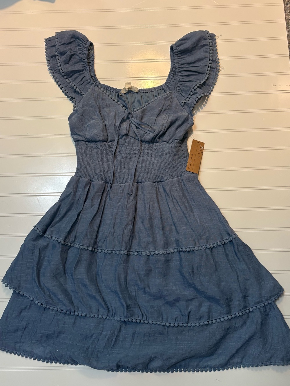 Womens Blue Tiered Cotton Dress with Ruffle Sleeves